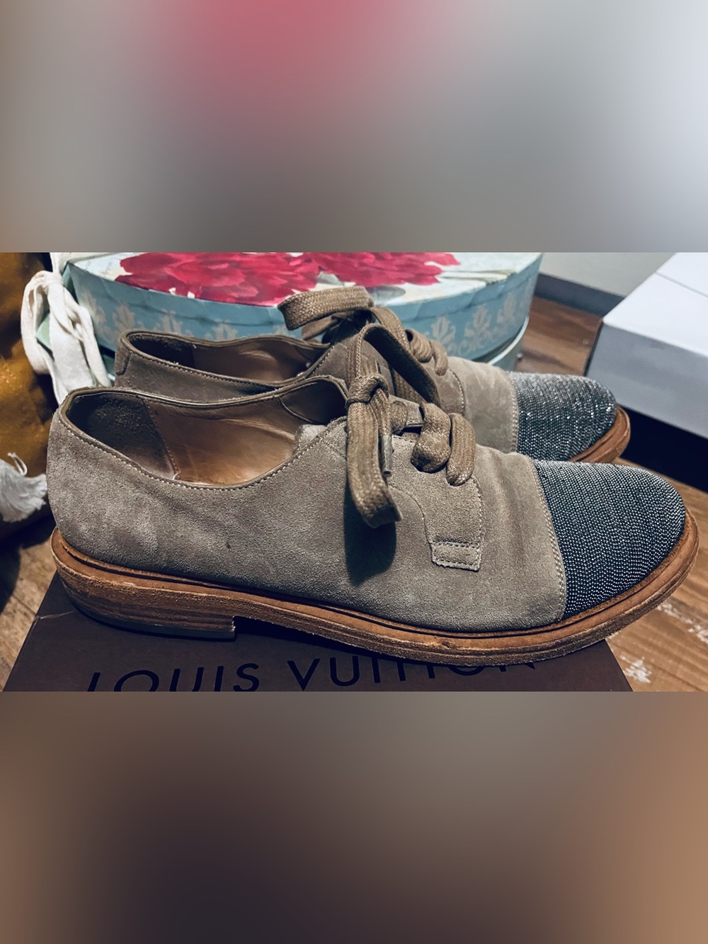 Brunello Cucinelli Taupe & Silver Suede Lace Up Shoes Size 8.5